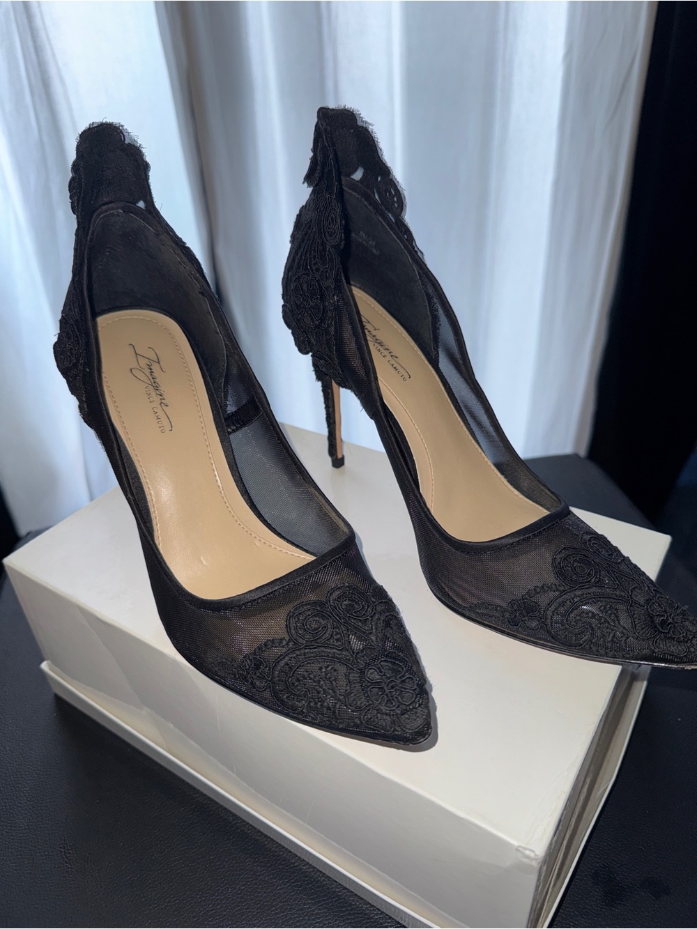 Impressions Black Lace Appliqué Pointed Toe Stiletto Heels